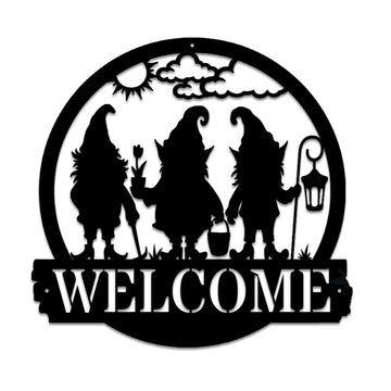 Garden Gnome welcome sign for front door circle Large 12 inch metal Wall Hanging Decor Farmhouse welcome wall art
