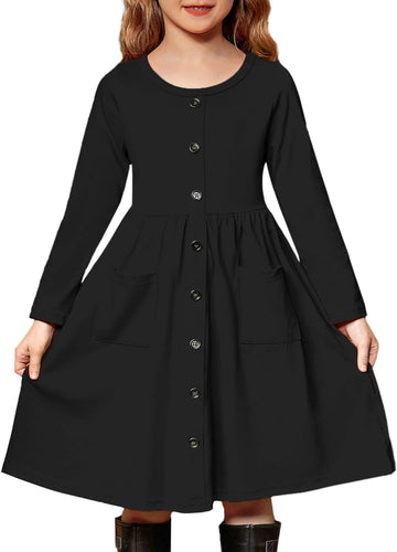 Girl's Button Dresses Down Long Sleeve Sundress A-line Dress