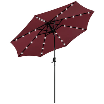 9FT Solar Patio Umbrella w/Push Button Tilt & Crank, Burgundy