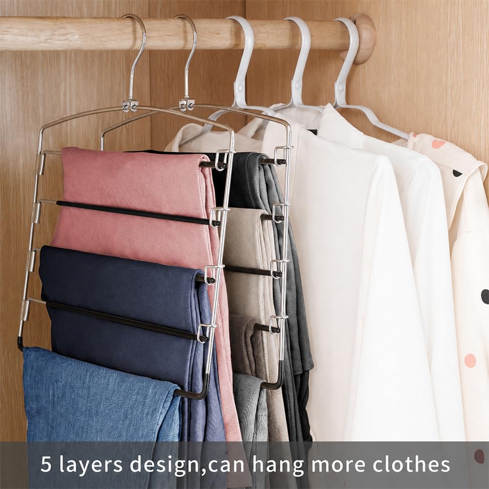 Pants Hangers Non Slip 3 Pack Space Saving Hangers Multi-Layer Swing Arm Pants Hanger Stainless Steel Space Saver