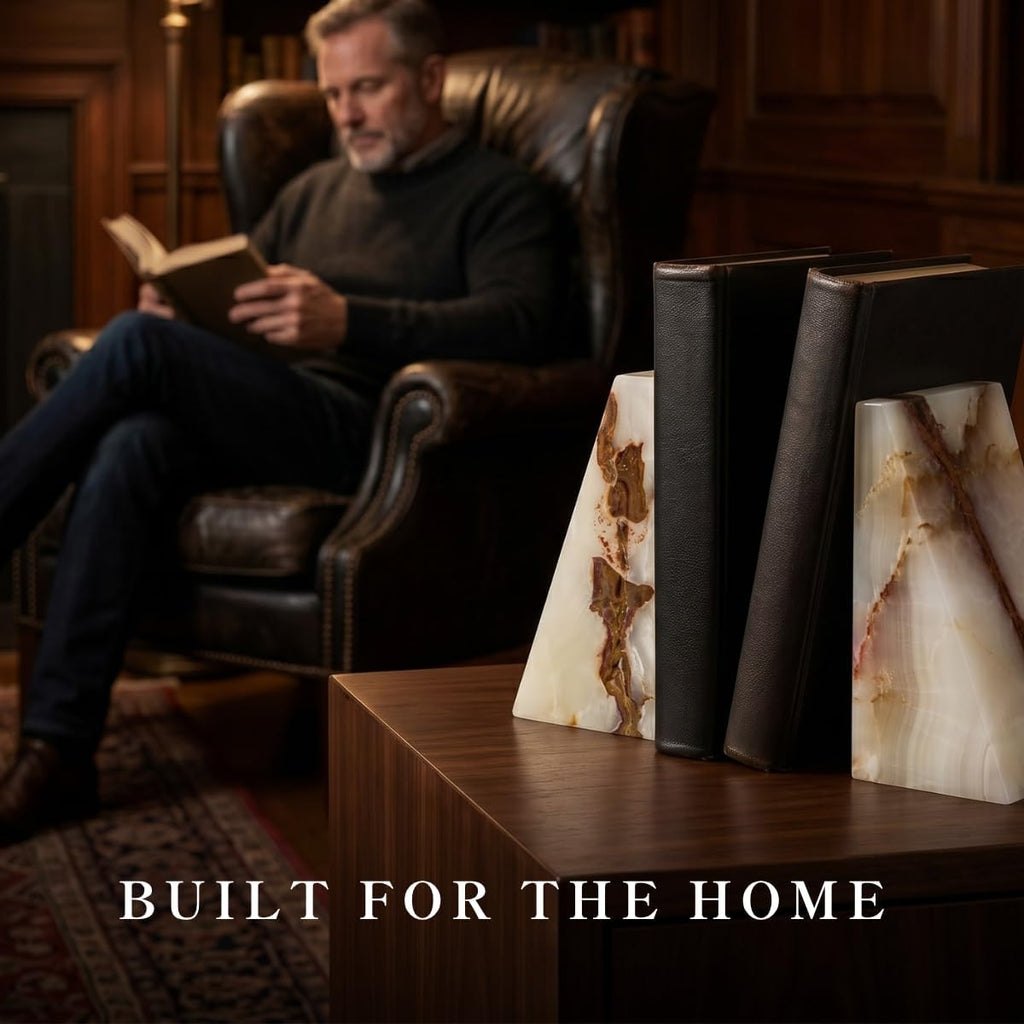 White Triangular Onyx Marble Bookends - Heavy-Duty Wedge Design, Modern Office and Bookshelf Organizer