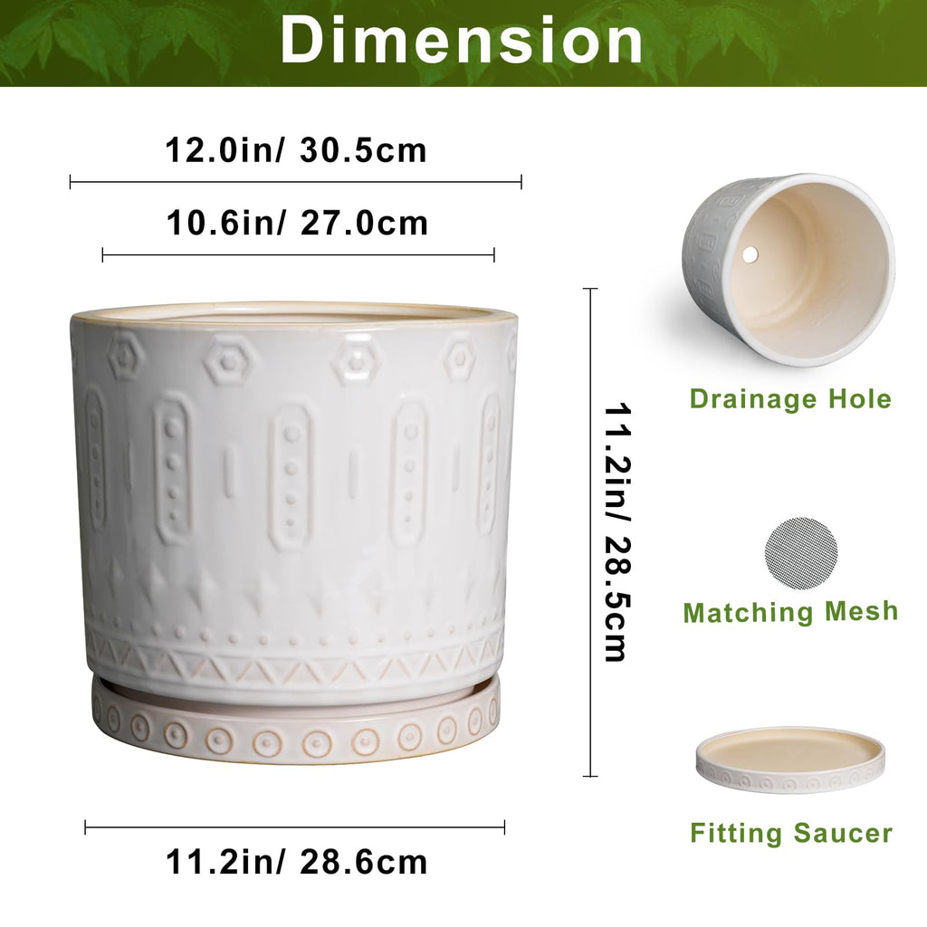 Ceramic Pots for Plants 12 Inch - Large Ceramic Planters for Indoor Plants Outdoor Modern Flower Pot with Drainage