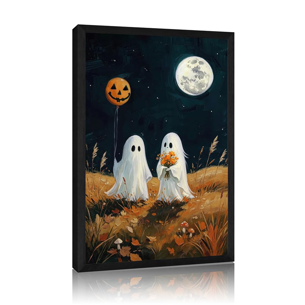 Halloween Ghost Canvas Wall Art Cute Ghost Pumpkin Moon Landscape Vintage Farmhouse Framed Wall Decor Hallway Autumn