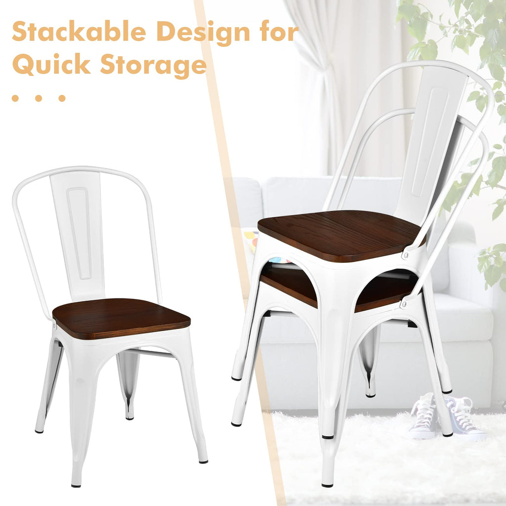 Set of 4 Metal Dining Chairs with Wood Top Seat, Tolix Style Stackable Bistro Cafe Side Chair, Indoor Outdoor Dining