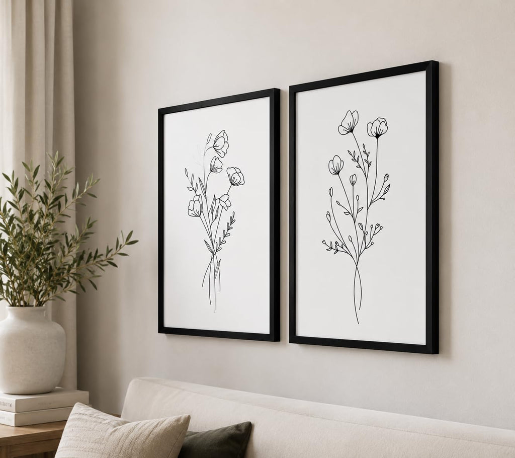 Framed Set of Two Canvas Wall Art Simple Botanical Line Print Black and White Floral Poster Modern Gallery Print Wall