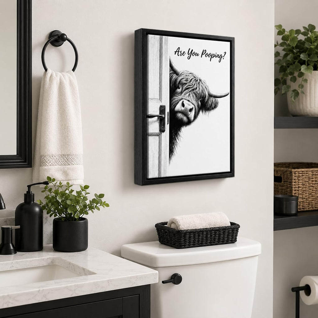 Framed Funny Bathroom Wall Art, Highland Cow Are You Pooping Canvas Print, Black and White Humor Bathroom Animal