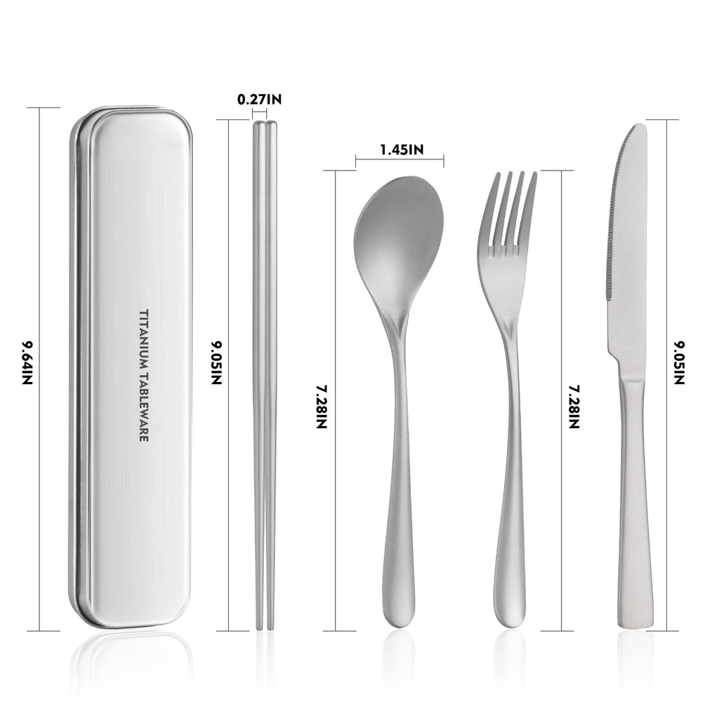 Titanium utensil travel set, portable lunch silverware set with box, including titanium chopsticks, spoon, fork
