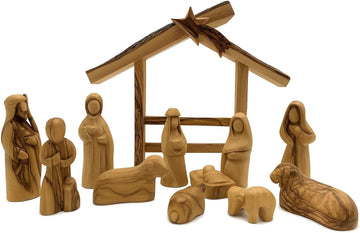 Wooden Nativity Set, Rustic top Stable Olive Wood Nativity from Bethlehem the Holy Land 13 piece, Nativity Sets