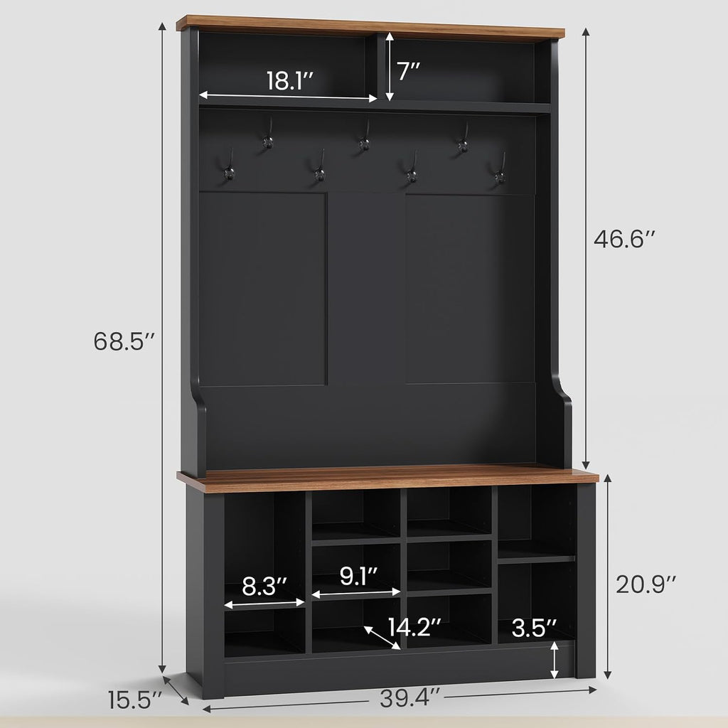 Hall Tree with Bench and Shoe Storage, 3-in-1 Entryway Bench with Coat Rack, Hall Tree with Adjustab