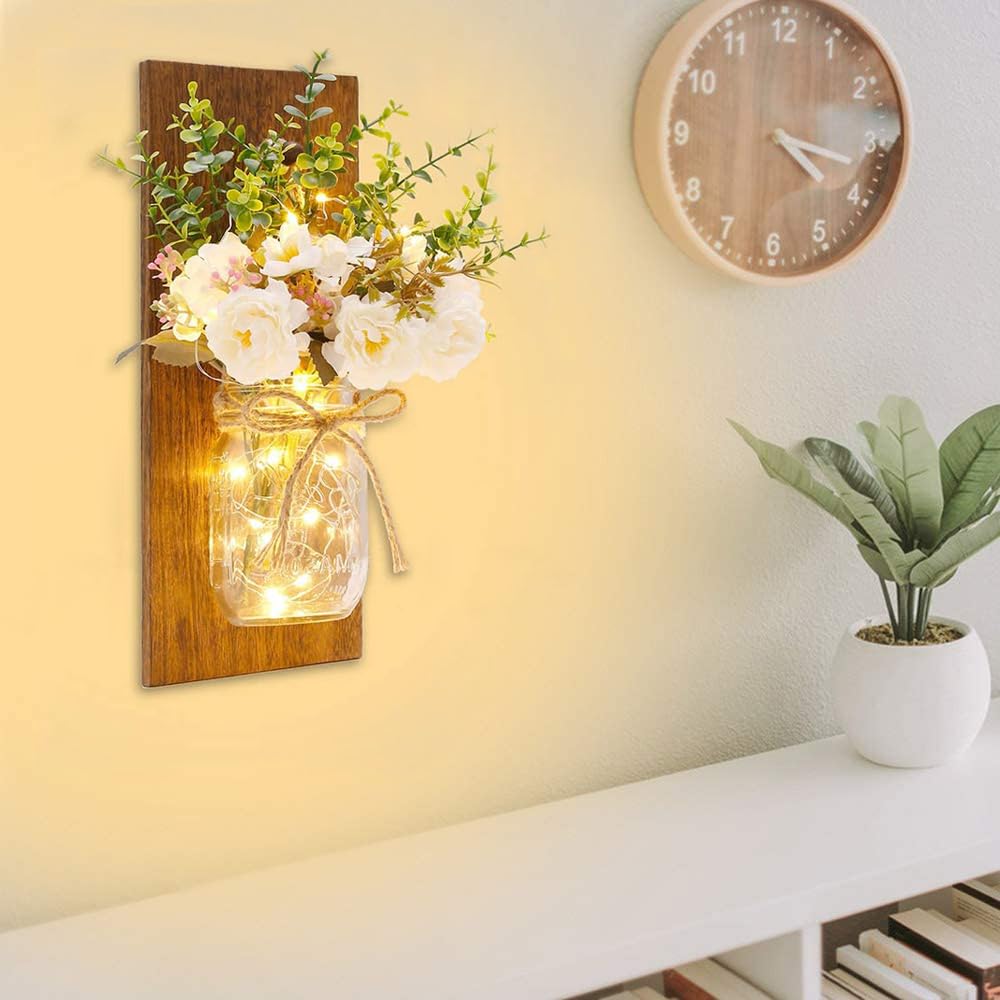Sconces Mason Jar Sconces Handmade Wall Art Hanging Design with Remote Control LED Fairy Lights and White Peony, Wall
