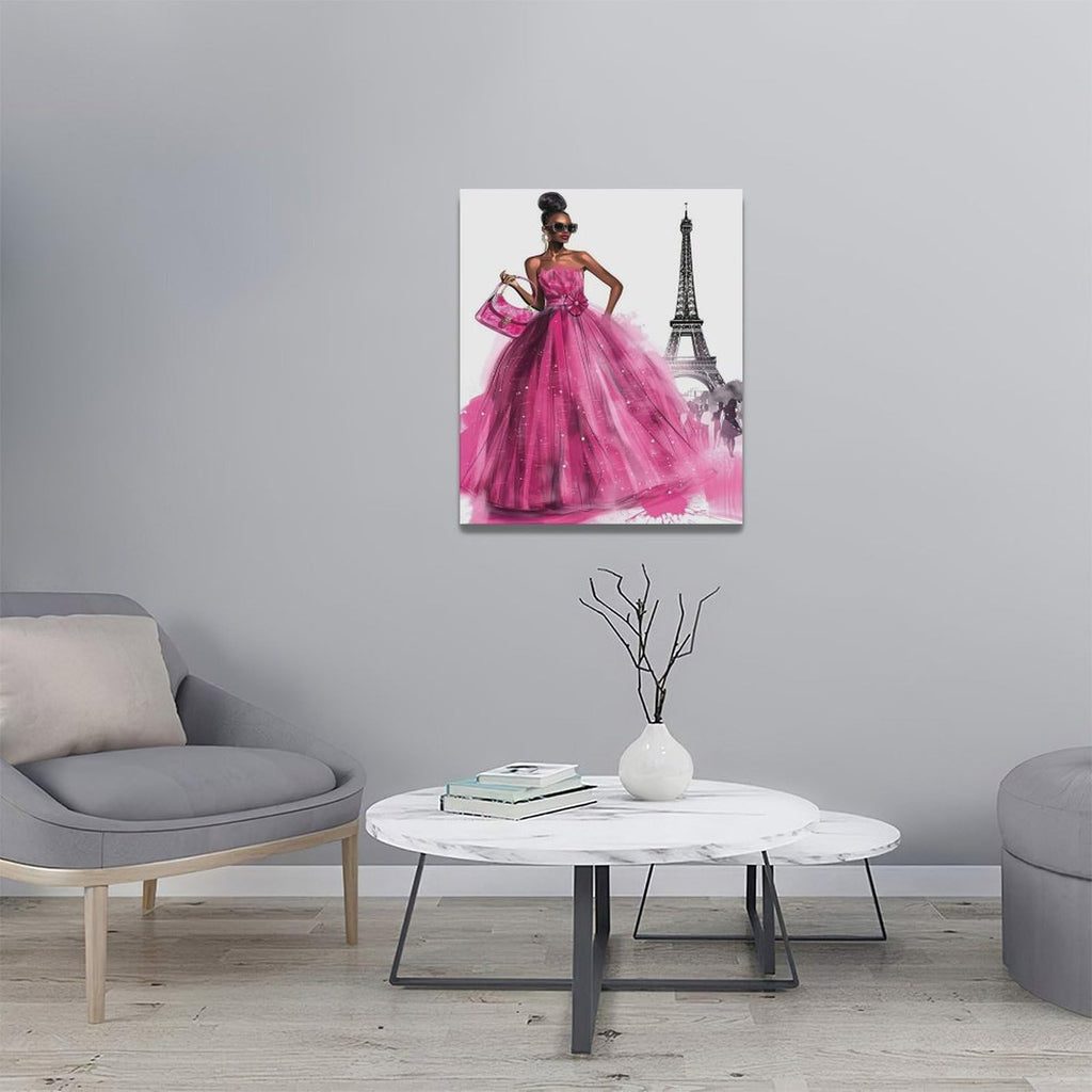 African American Canvas Wall Pink Dress Women Fashion Black Girl Pictures Decor Paris Eiffel Tower Painting Prints
