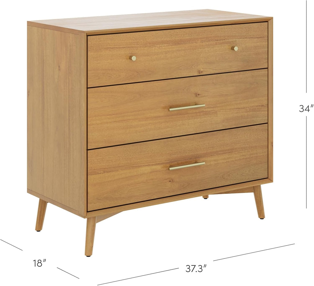 Harper Mid Century Modern Dresser, Solid Wood Dresser with 3 Drawers and Metal Drawer Pulls, Light Acacia