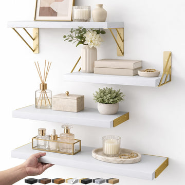 Wall Mounted Floating Shelves (White and Gold, Set of 4, 16" Mixed)