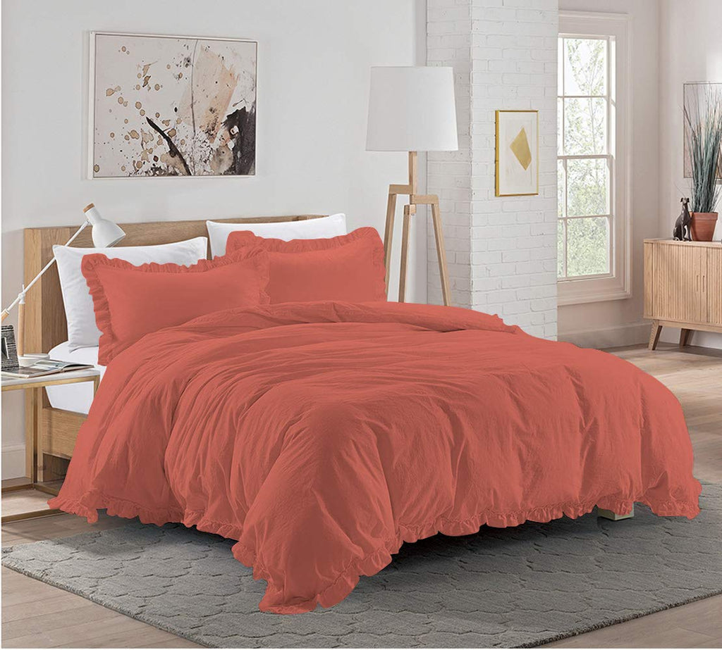 3 Pieces Ruffle Duvet Cover Set with Zipper Closure, 100% Egyptian Cotton 1000 Thread Count (Full/Queen, Brick Red)