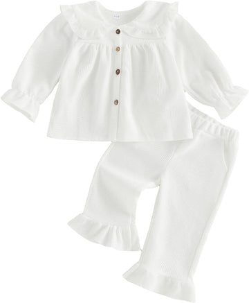 Baby Girl Clothes Waffle Knit Long Sleeve Shirt Top Ruffle Pants Set Spring Fall Winter Toddler Girls Outfits