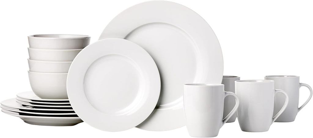 16-Piece Porcelain Dinnerware Set, Microwave and Dishwasher Safe, Service for 4, Plates, Bowls and Mugs, White