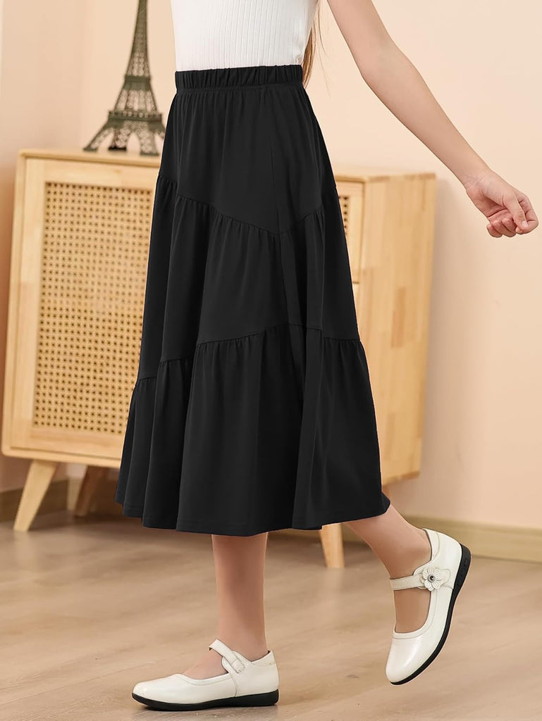Girls Boho Asymmetrical Tiered Ruffle Midi Skirt