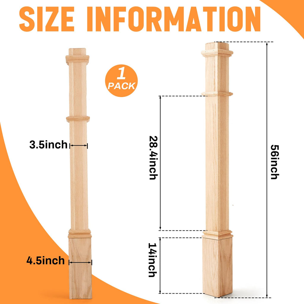 1 Pcs 56 Inch Red Oak Stair Newel Post with 3 1/2" Post and 4 1/2" Pedestal, Wood Box Newel with Pedestal for