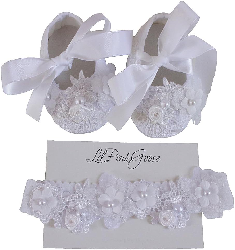 Baby Girls White Lace Baptism Shoes and Headbnad Set Toddler Wedding Dress Shoes Set