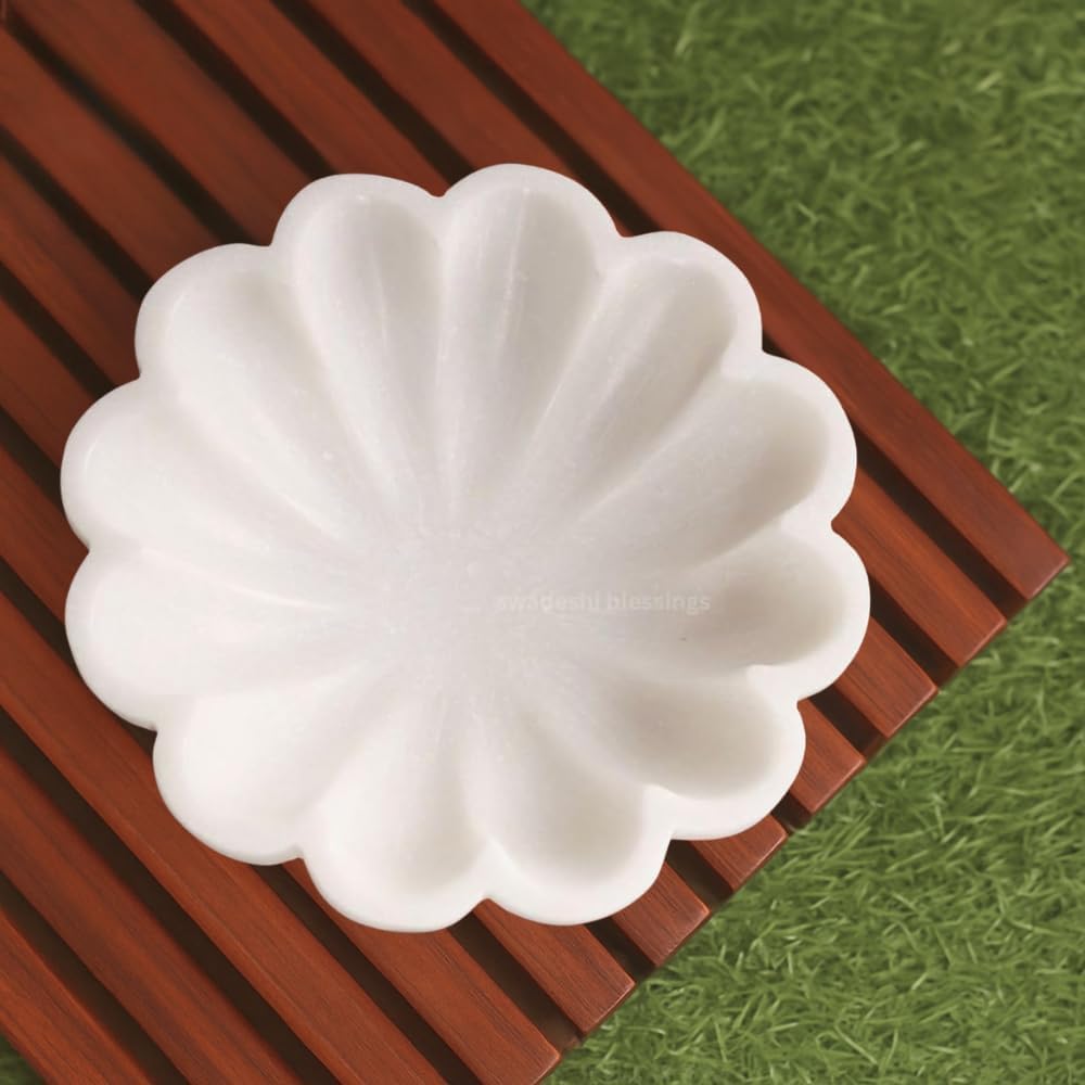 HandCrafted Marble Decorative Bowl | White Ruffle Scalloped Fluted Key/Fruit Ring Dish | Organic Modern Home Decor (6
