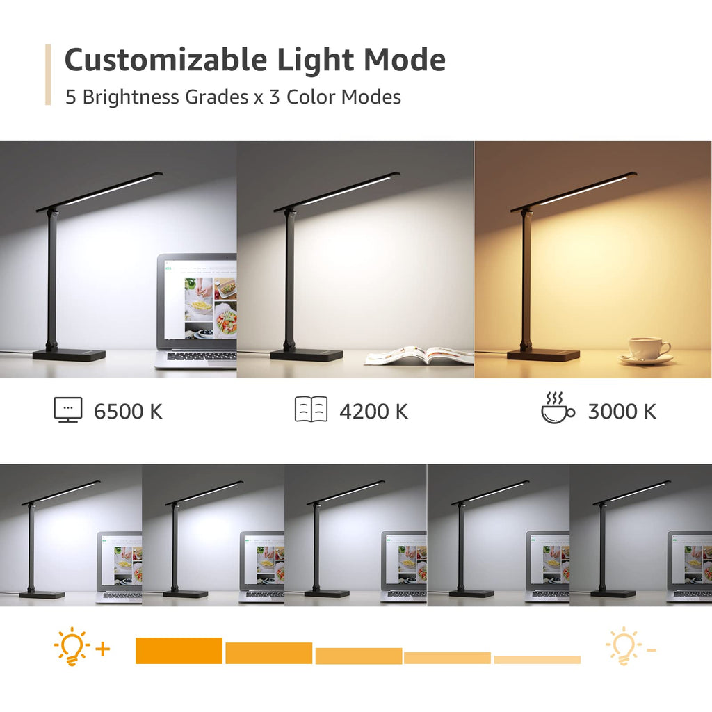 Desk Lamp with USB Charging Port, 650LM 9.5W, Black