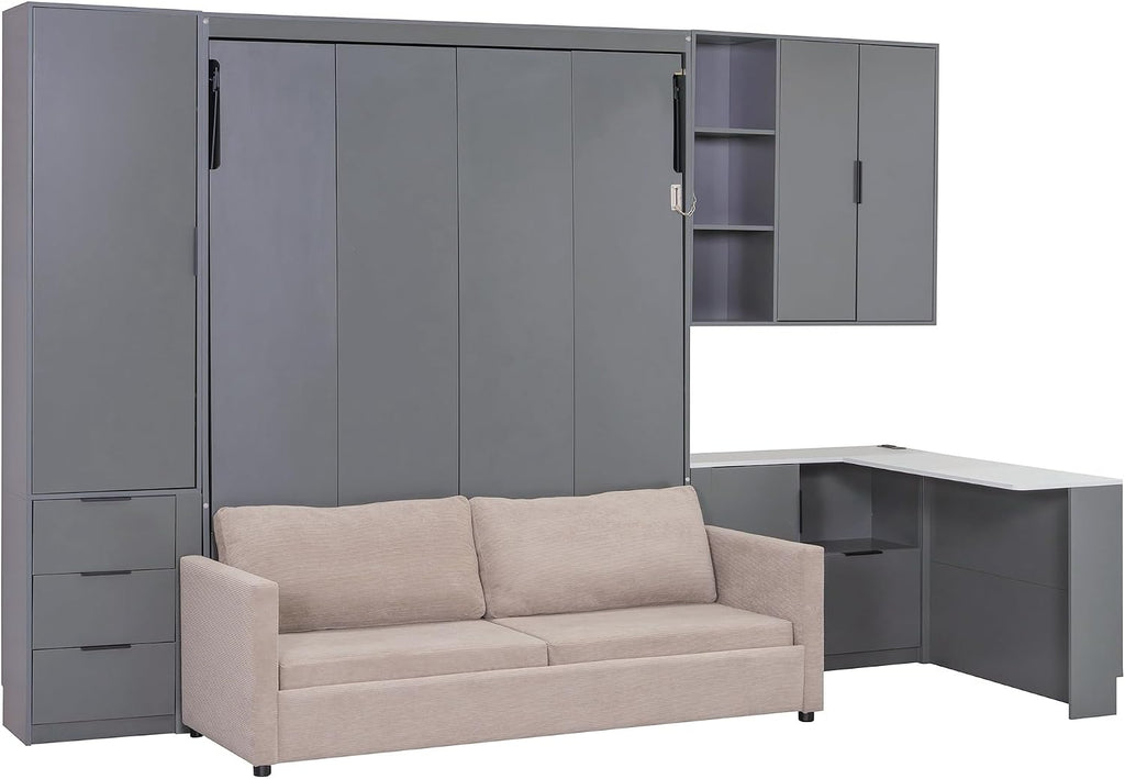 Wall Murphy Bed Queen with Drawers, LED Lights, Desk, USB Ports and Green Sofa for Bedroom, Black