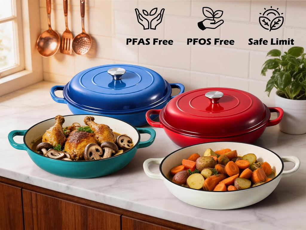 3.6QT Enameled Cast Iron Skillets Braiser Pan with Lid, Cream White