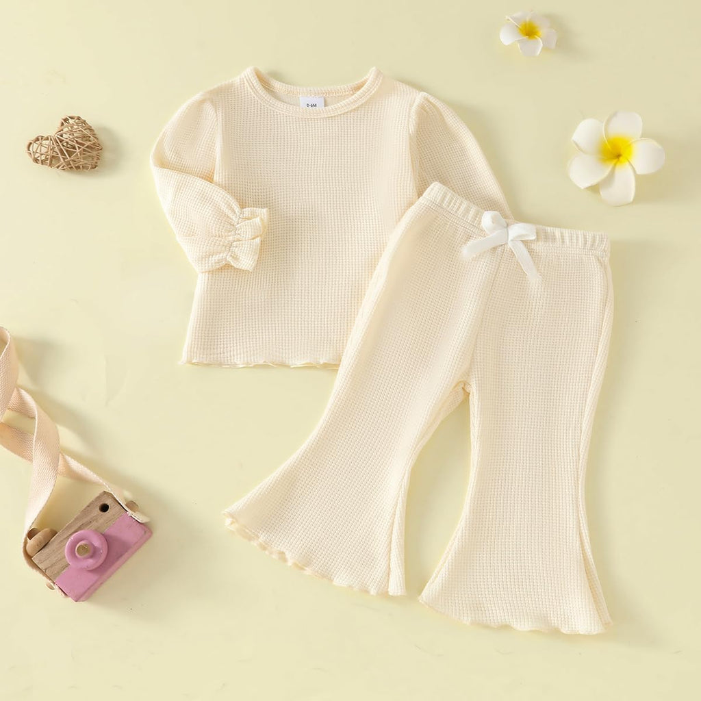 Toddler Girl Fall Outfits piece Baby Lantern Sleeve Shirt and Flared Pant Clothes Set Waffle Clothing for Girls