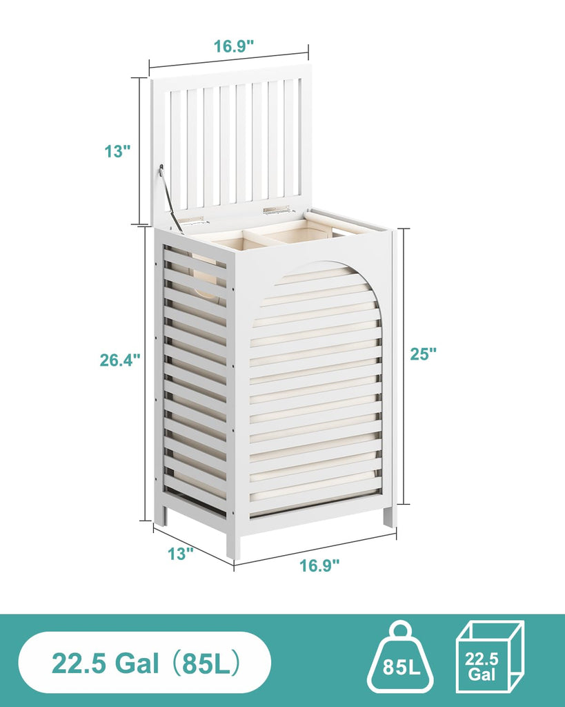White Laundry Hamper, 22.5 Gallon (85L) Bamboo Wood Clothes Laundry Basket with Lid and Handles, Removable Liner