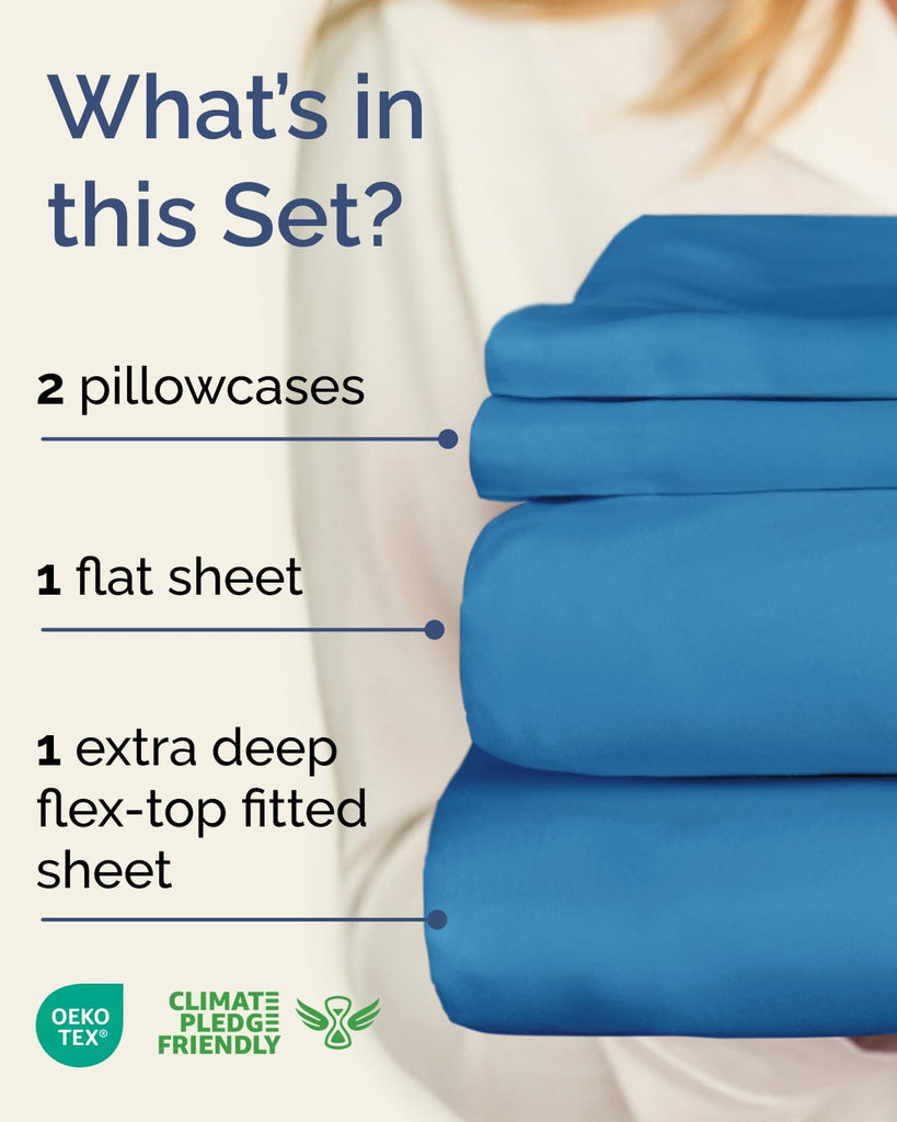 Flex Top Split Head King Sheet Set - 4 Piece Extra Deep Sheets - Denim Blue