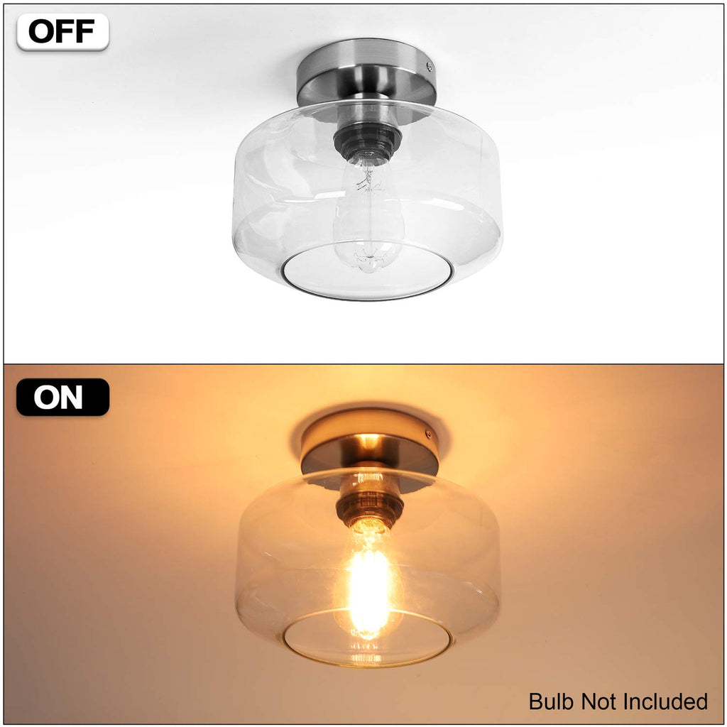 Industrial Semi Flush Mount Ceiling Light Brushed Nickel, Clear Glass Pendant Lamp Shade Farmhouse Lighting Hallway