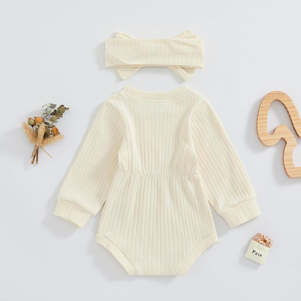 Newborn Baby Girl Fall Outfits Long Sleeve Ribbed Knit Jumpsuit Romper with Headband Infant Clothes Sets