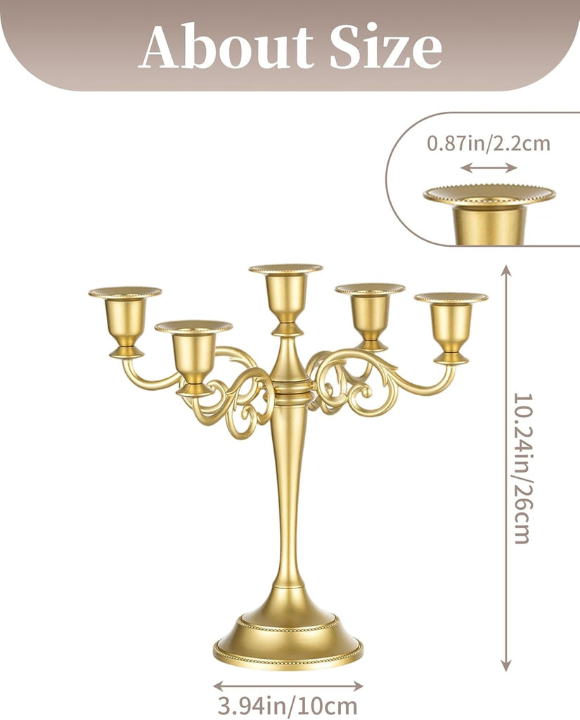 Gold Candelabra Table Centerpiece: 10 Inches Candelabra Candle Holder for Taper Candlesticks - 5 Arms Metal