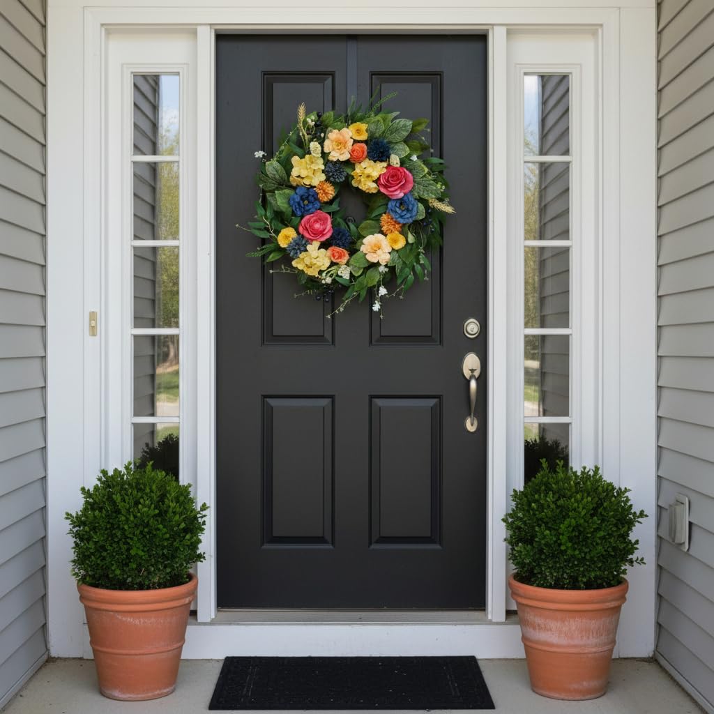 Summer Wreaths for Front Door, 22 Inch Summer Wreath with Roses & Hydrangeas, Outdoor Floral Wreath for Summer Door