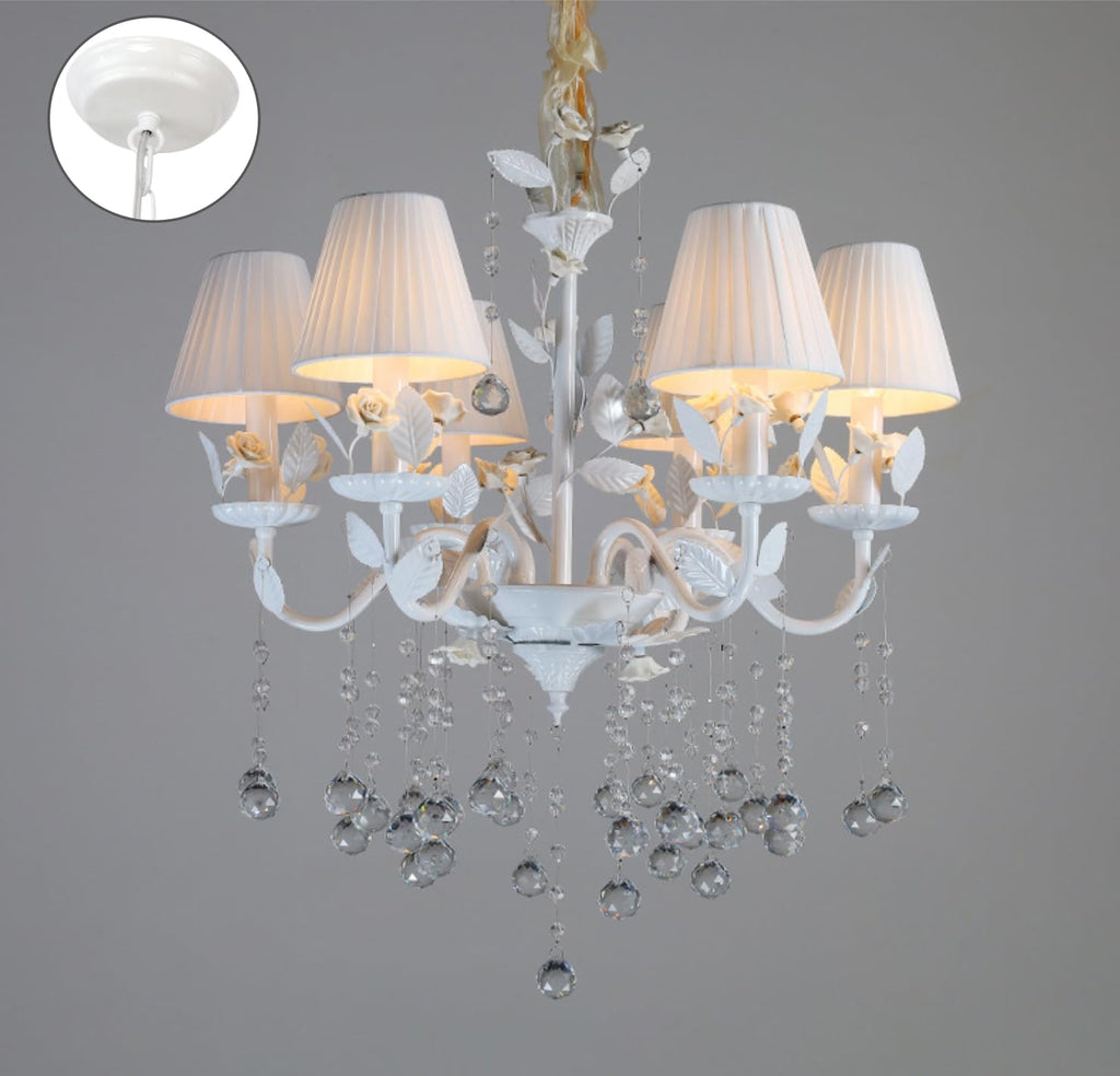 Antique White 6-Light Wrought Iron Floral Chandelier with Ceramic Roses, Crystals & Pleated Fabric Shades, 19.7" W