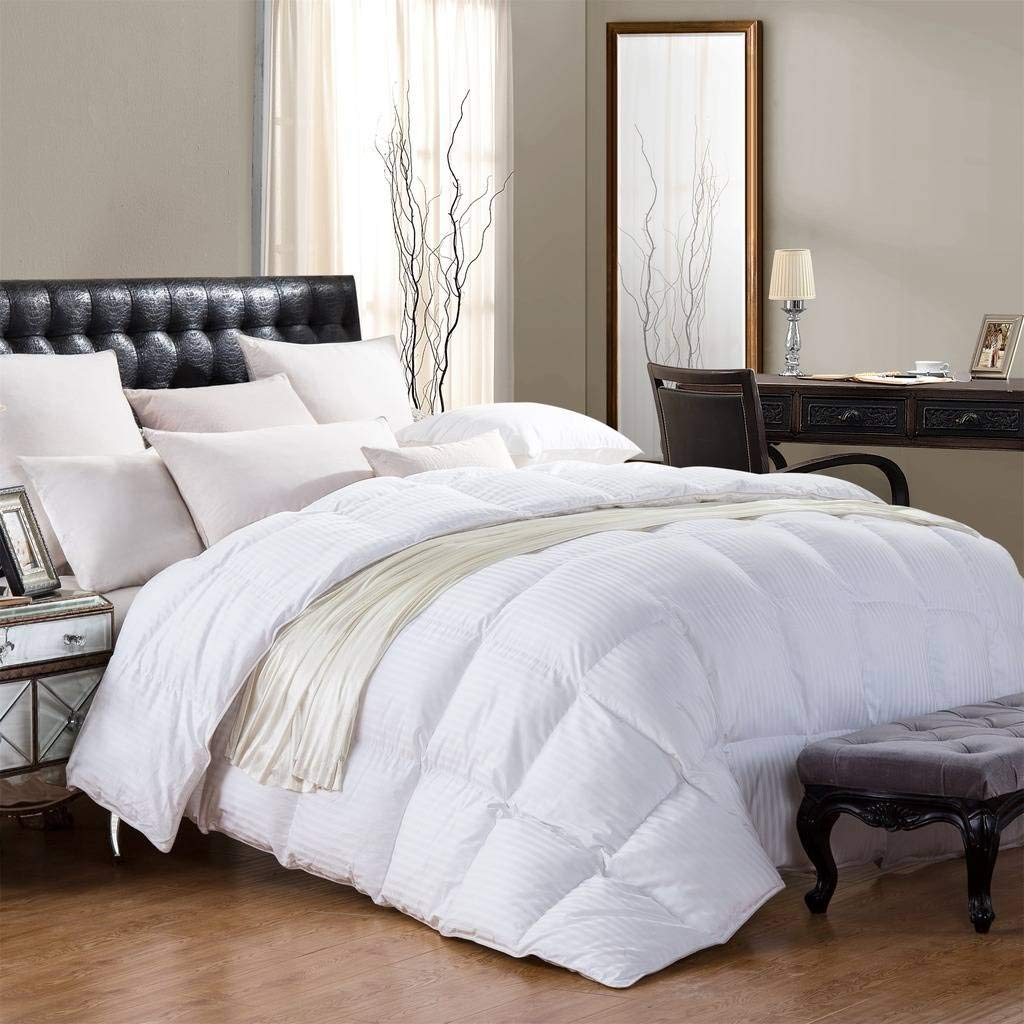 Full Size Siberian Goose Down Comforter, 100% Egyptian Cotton, White Stripe & 50Oz