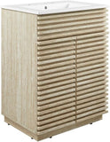 24-Inch Bathroom Vanity with Sink Combo – Faux Travertine Slatted Design, Mid-Century Modern Cabinet with Soft-Close Doors, White