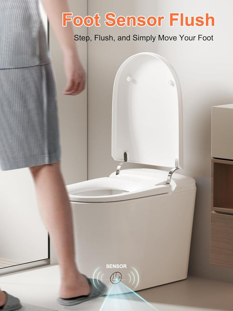 Smart Toilet with ADA Comfort Height Heated Seat, Night Light, Tankless Auto Flush, Foot Sensor Operation, Modern Elongated One-Piece Design