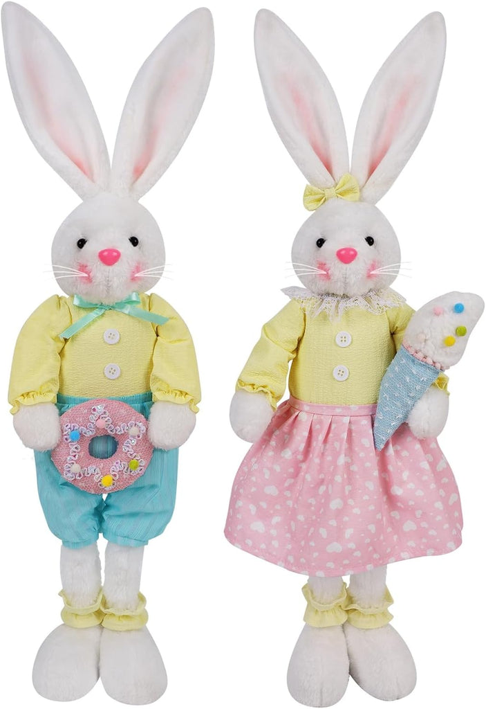 Easter Decorations Standing Bunny with Stretchable Legs, 21" to 26" White Rabbits Couple Figurine, Party Favor - Set of 2