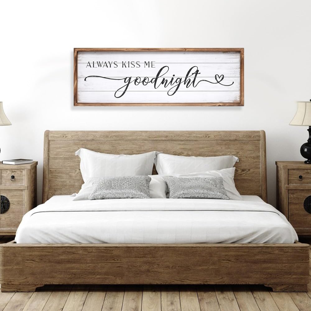 Large Above Bed Wall Decor Bedroom Sign Bedroom Decor with Solid Wood Frame for Couples, Always Kiss Me Goodnight