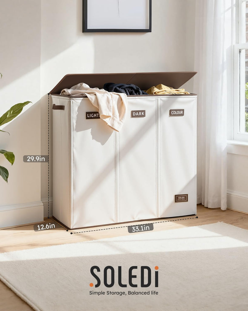 200L 3-Section Laundry Hamper with Lid, Extra Large Dirty Clothes Basket with Sturdy Handles for Laundry Room &