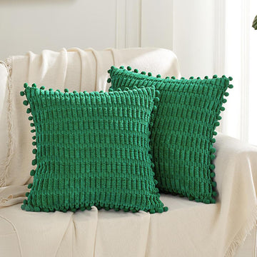 2 Packs Green Decorative Throw Pillow Covers 22x22 Inch with Pom-poms for Couch Bedroom Living Room, Boho Home Decor