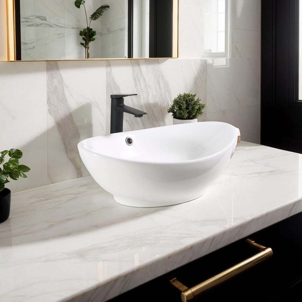 VIDA 23×15.2×7.7 inch Bathroom Vessel Sink, Modern Egg Shape Vanity Sink Above Counter Art Basin with Overflow