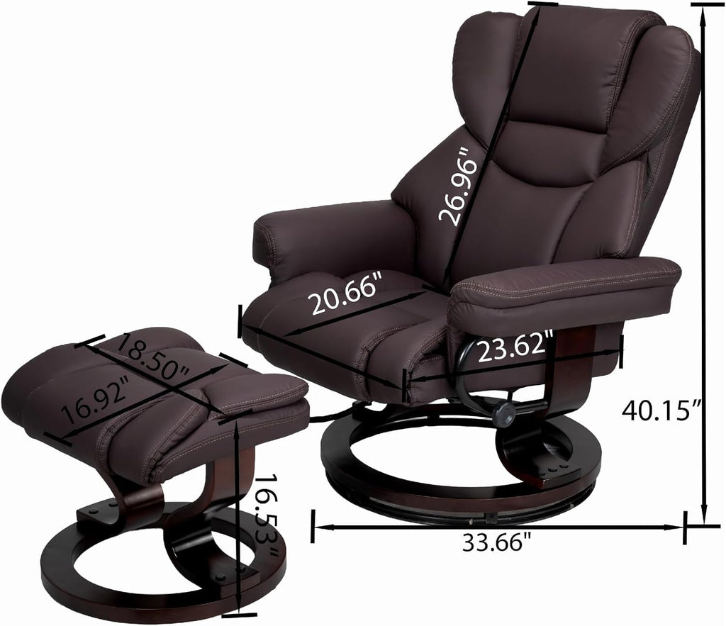 Modern Reclining Swivel Lounge Chair and Ottoman — Brown Leather