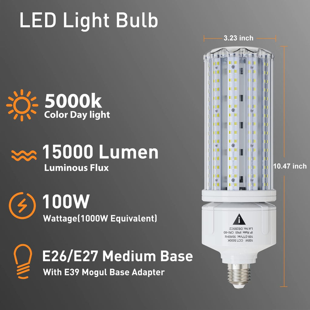 2 Pack 100W LED Corn Light Bulb 5000K Daylight 15000 Lumens Super Bright, E26/E39 Base Led Corn Bulbs Replace Metal
