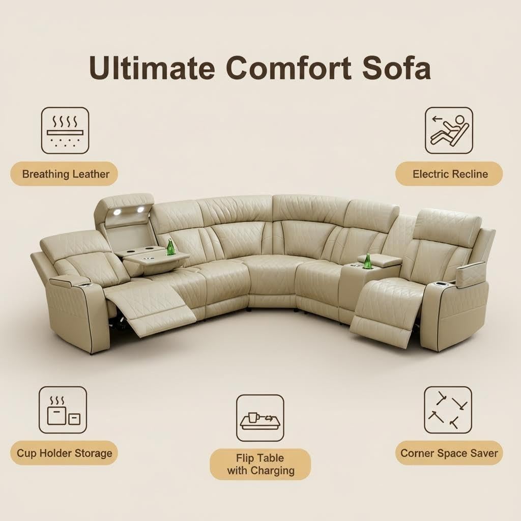 Breathing Leather Power Reclining Sofa Set, Sectional Couch with LED Light