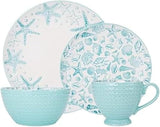 Venice 16-Piece Stoneware Dinnerware Set, Service for 4, Aqua and White Color Combination, Durable and Chip Resistant