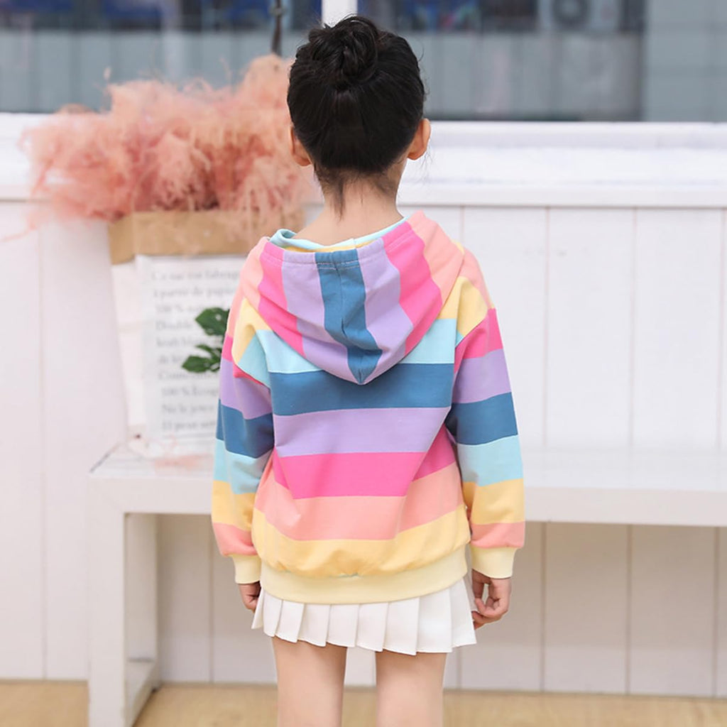 Toddler Girl Zip up Hoodie Jacket Rainbow Sweatshirt Long Sleeve Cotton Striped Hooded Coat Fall Outfits Kids Winter