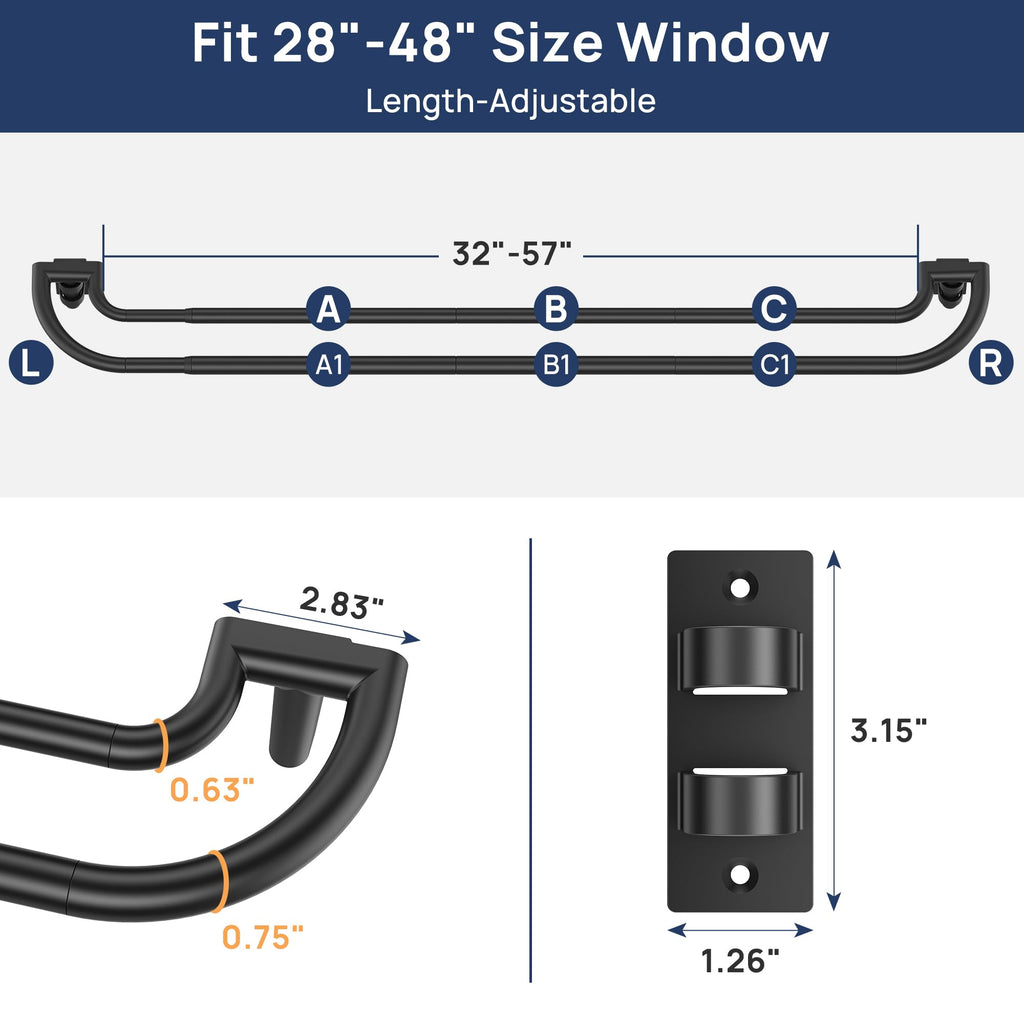 28-48" Double Curtain Rod for Blackout, Quick Release, Black