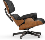 Mid-Century Modern Lounge Chair & Ottoman — Black PU Leather, Walnut Base, Standard